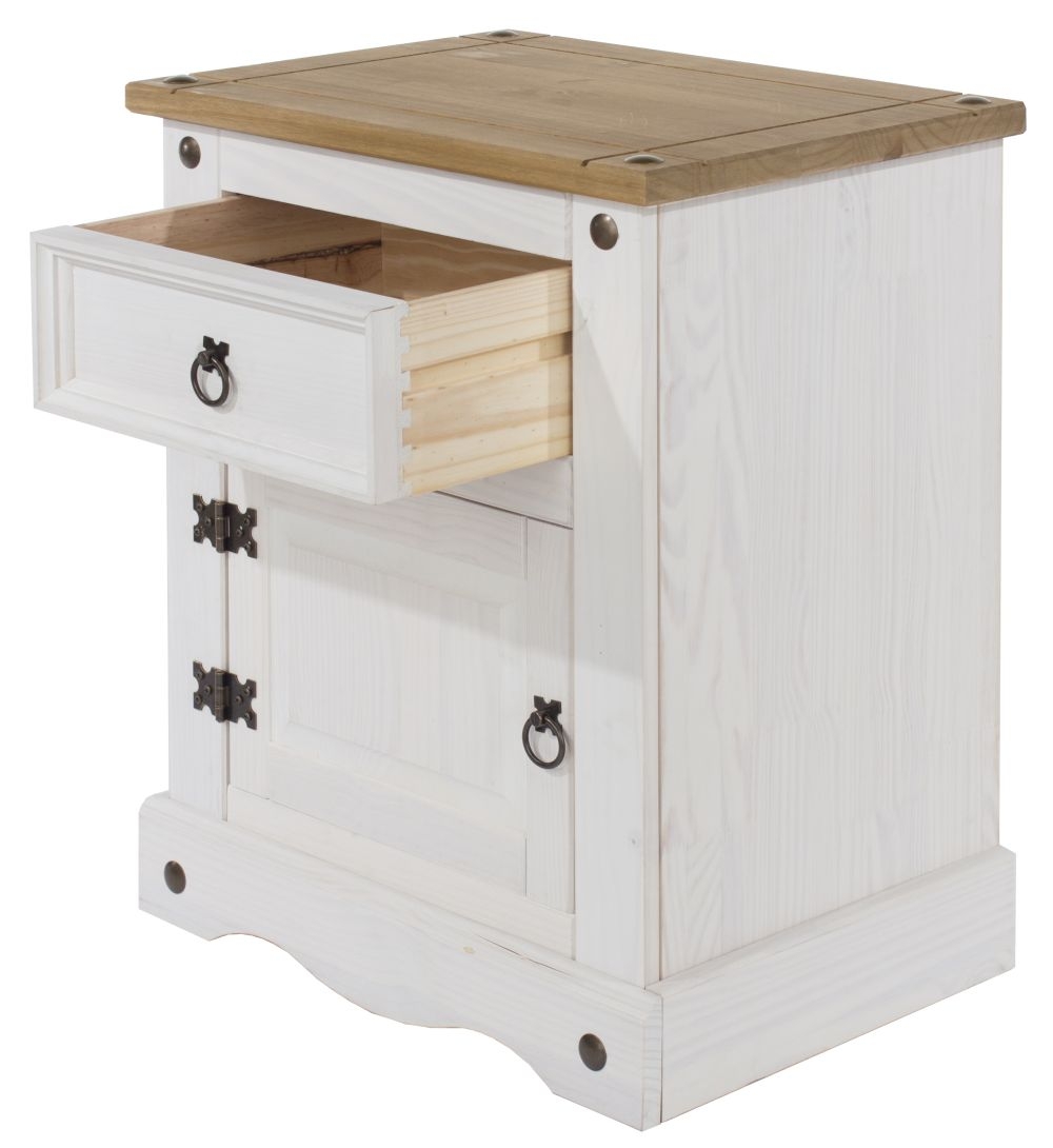 Product photograph of Corona White Mexican Pine 1 Door 1 Drawer Bedside Cabinet from Choice Furniture Superstore.